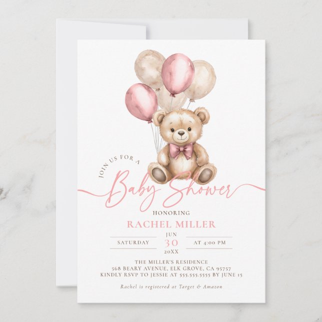 Invitation Ballons Ours Teddy Baby shower Fille Rose (Devant)