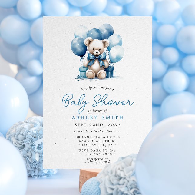 Invitation Ballons Ours Teddy Baby shower Garçon bleu (Créateur téléchargé)