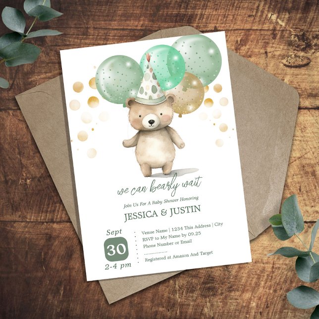 Invitation Ballons Ours Teddy Baby shower Or Vert (Créateur téléchargé)