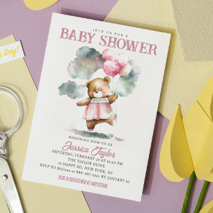 Invitation Ballons Ours Teddy Nuages Baby shower Fille