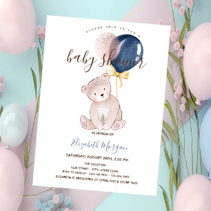 Invitation Ballons Ourson Rose Rayé Baby Shower 