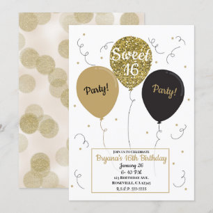 Invitation Ballons Pailletés Or Fête d'Anniversaire Sweet 16