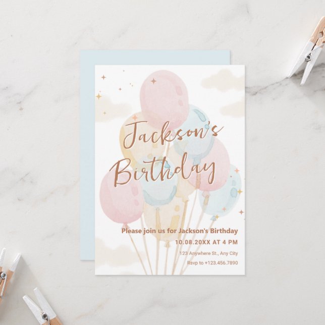 Invitation Ballons pastel aquarelle anniversaire (Devant/Arrière en situation)