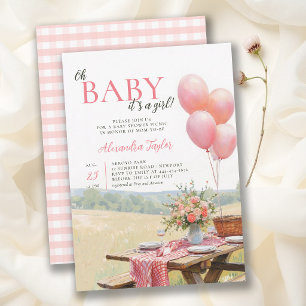 Invitation Ballons Pique-Nique Fleurs Sauvages Rose Fille Bab