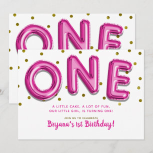 Invitation Ballons Rose Chaud Points Dorés UN 1er Anniversair
