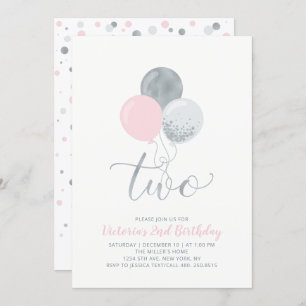 Invitation Ballons rose et argent   Fille 2e fête d'anniversa