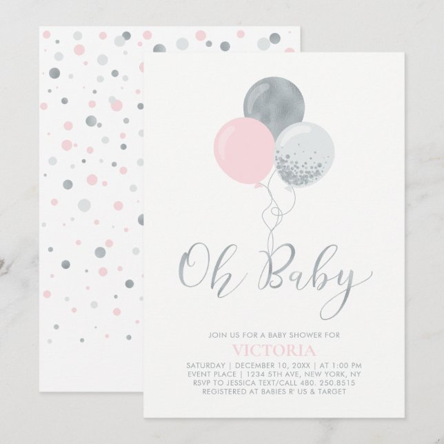 Invitation Ballons rose et argent | Oh Baby Girl Baby shower (Devant / Derrière)