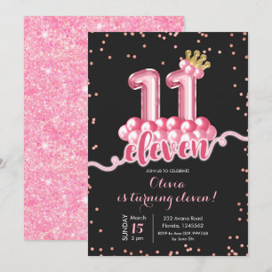 Invitation Ballons rose et noir de la Couronne Onze Anniversa