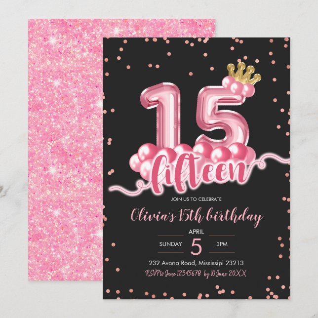 Invitation Ballons rose et noir de la Couronne Quinze Anniver (Devant / Derrière)