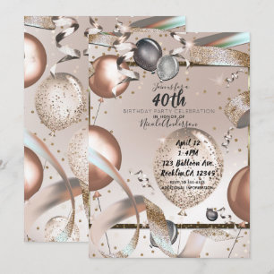 Invitation Ballons Rose Gold Pailletés Anniversaire 40 ans