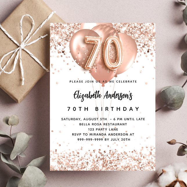 Invitation ballons rose gold pour 70 ans avec étincelles blan (Créateur téléchargé)