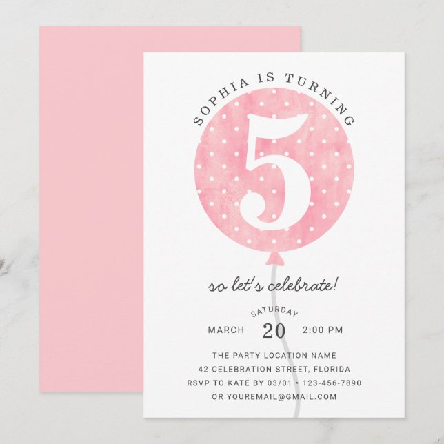 Invitation Ballons rose moderne mignonne Élégante Fille Anniv (Devant / Derrière)