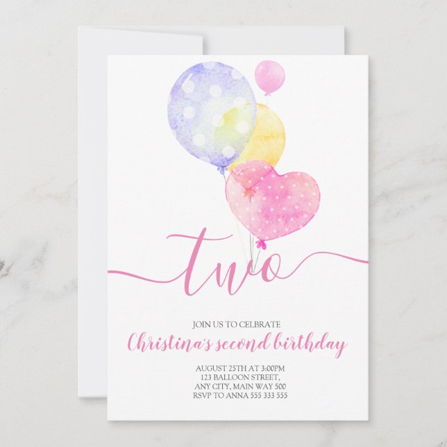 Invitation Ballons roses, 2e anniversaire, 2e anniversaire, 2 (Devant)