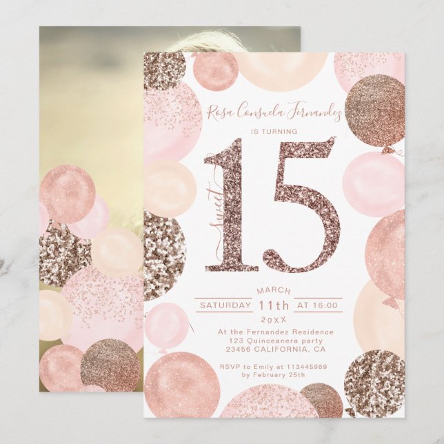 Invitation Ballons roses de parties scintillant d'or Rose Qui (Devant / Derrière)