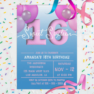 Invitation Ballons Roses En Sweet sixteen Ciel Bleu