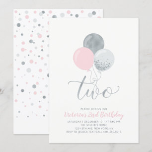Invitation Ballons roses et argent   Fête d'anniversaire 2 an