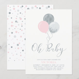 Invitation Ballons roses et argentés   Oh Baby Girl Baby Show