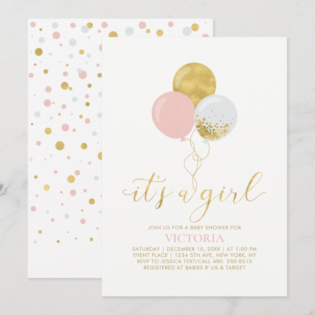 Invitation Ballons roses et or | C'est un Baby shower de fill (Devant / Derrière)