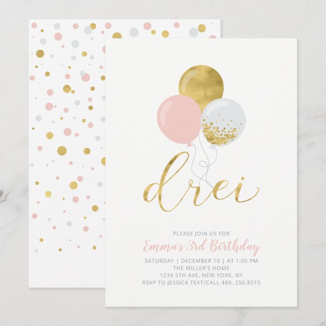 Invitation Ballons roses et or | Fille 3e fête d'anniversaire (Devant / Derrière)