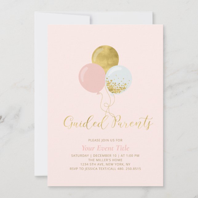 Invitation Ballons roses et or guidés par les parents (Devant)