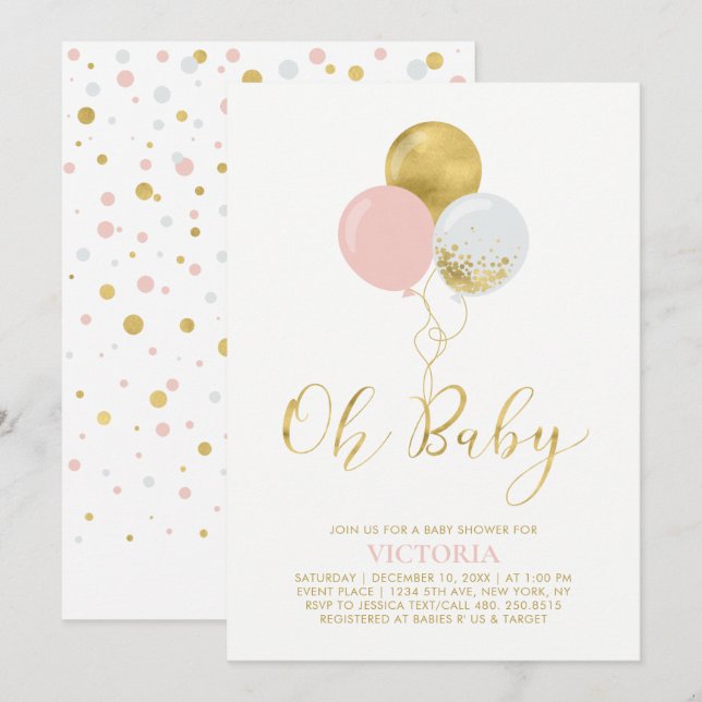 Invitation Ballons roses et or | Oh Baby Girl Baby shower (Devant / Derrière)