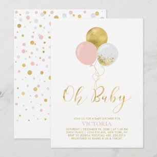 Invitation Ballons roses et or   Oh Bébé Fille Baby Shower
