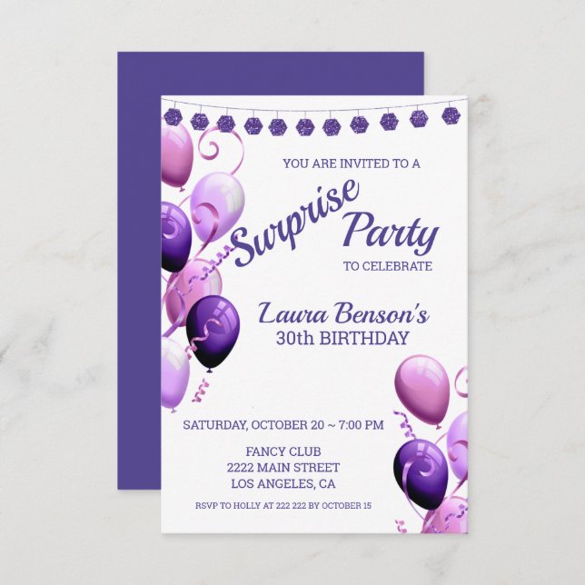 Invitation Ballons Roses Et Violets Anniversaire (Devant / Derrière)