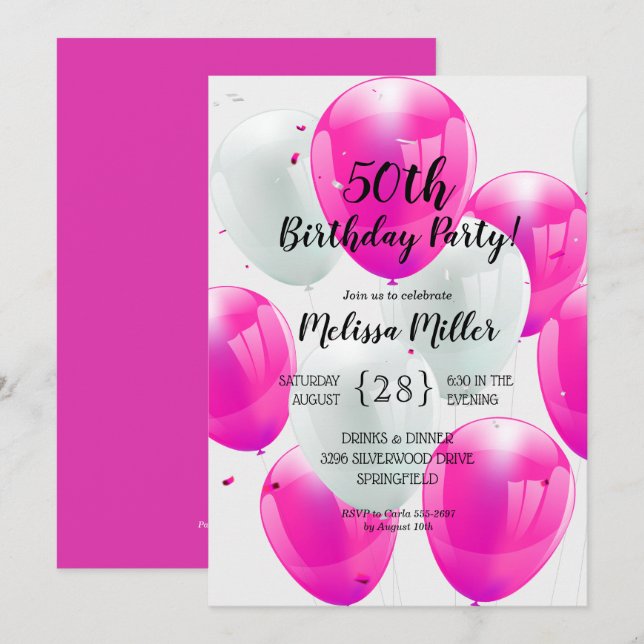 Invitation Ballons roses fête d'anniversaire (Devant / Derrière)