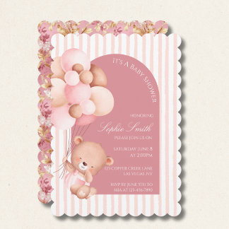 Invitation Ballons roses, Fleurs en bandes Fête de naissance