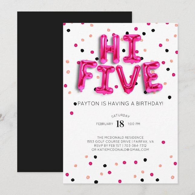 Invitation Ballons roses | Hi Five 5e anniversaire (Devant / Derrière)