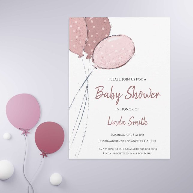 Invitation Ballons roses mignons Baby shower fille (Créateur téléchargé)
