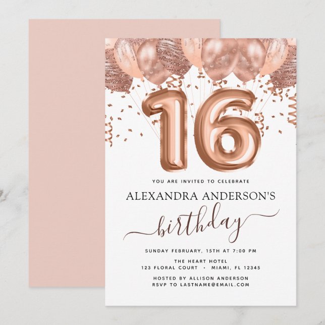 Invitation Ballons roses or doux 16 Anniversaire (Devant / Derrière)