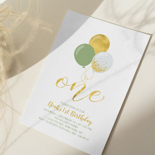 Invitation Ballons sauge et or   Une première fête d'annivers