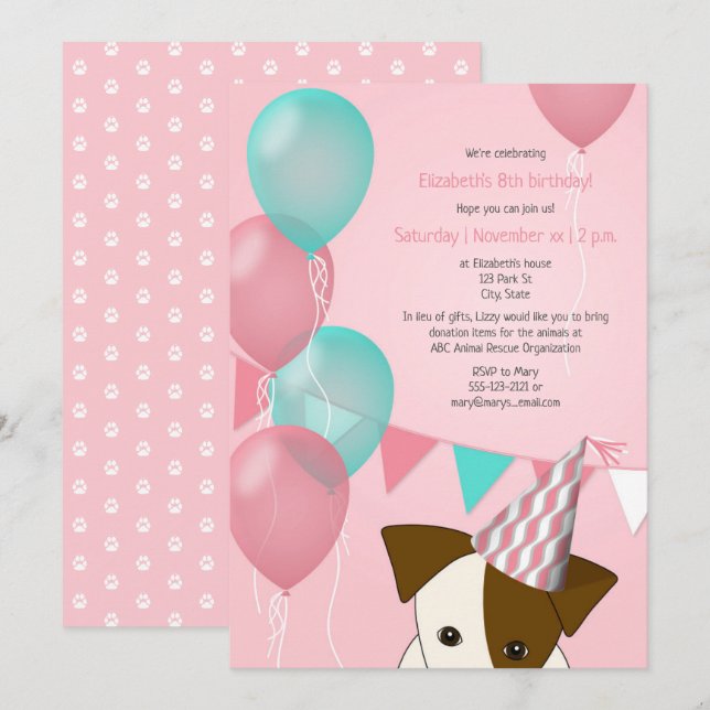 Invitation ballons turquoises roses filles chiot fête d'anniv (Devant / Derrière)