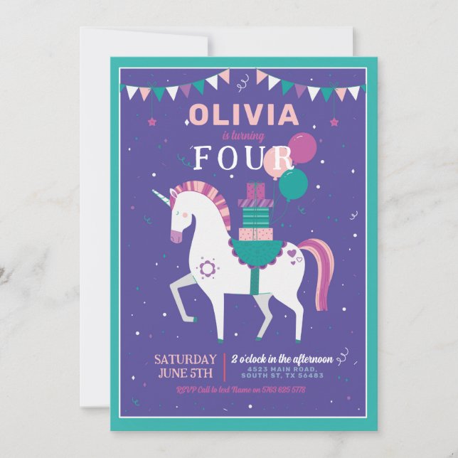 Invitation Ballons Unicorne Cadeaux de fête d'anniversaire vi (Devant)