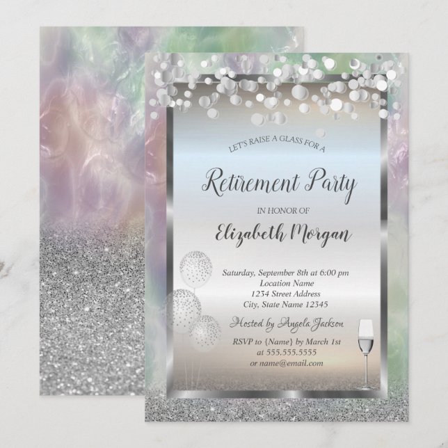 Invitation Ballons Verre Vin Parties scintillant Argent Holog (Devant / Derrière)