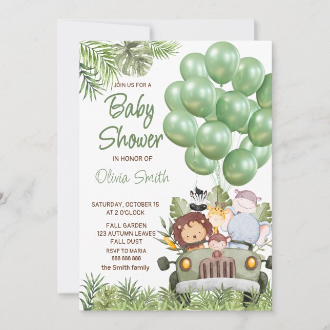 Invitation Ballons verts Safari Animaux Baby shower (Devant)