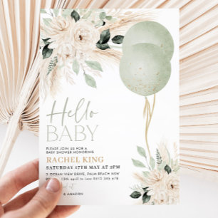 Invitation Ballons verts Sage Baby shower Floral