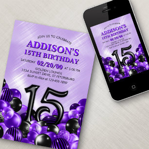 Invitation Ballons violet 15e anniversaire