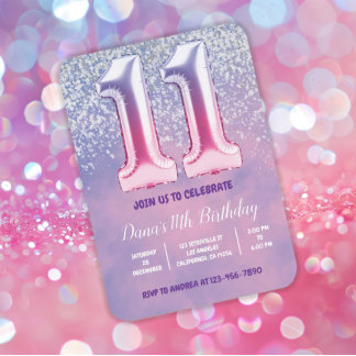 Invitation Ballons violet et rose 11e anniversaire