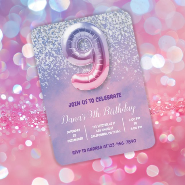 Invitation Ballons violet et rose 9e anniversaire (Créateur téléchargé)