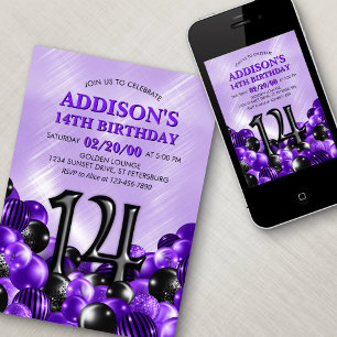 Invitation Ballons violets 14e anniversaire