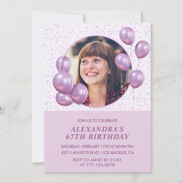 Invitation Ballons violets chic Photo 67e anniversaire (Devant)