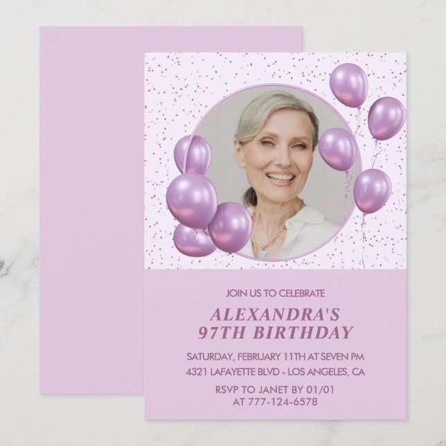 Invitation Ballons violets chic Photo 97e anniversaire (Devant / Derrière)