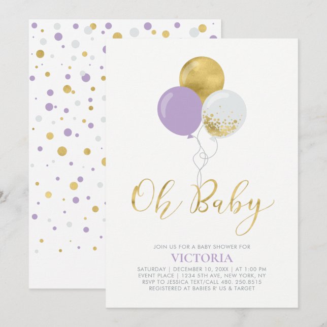 Invitation Ballons violets et dorés | Oh Baby Girl Baby Showe (Devant / Derrière)