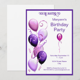 Invitation Ballons violets fête d'anniversaire