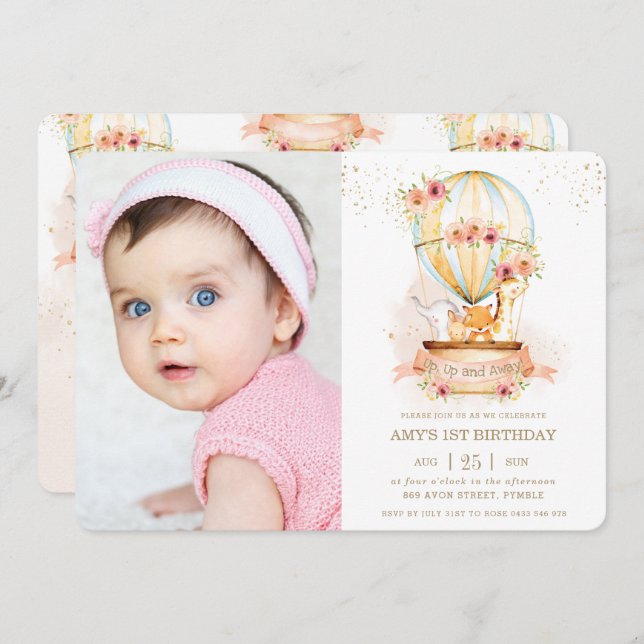 Invitation Balloon à air chaud 1er anniversaire Jungle Animau (Devant / Derrière)