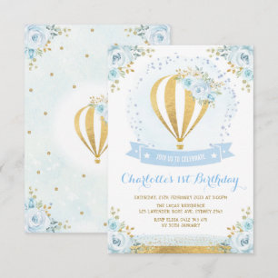 Invitation Balloon à air chaud Blue Gold Floral Rose 1er anni