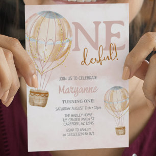 Invitation Balloon à air chaud Boho rose 1er anniversaire
