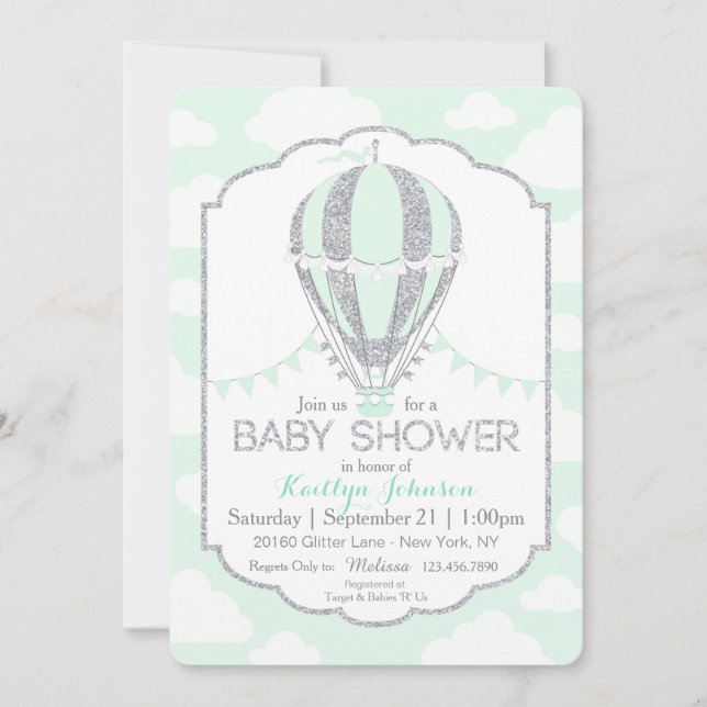 Invitation Balloon à air chaud Seafoam Baby shower neutre (Devant)